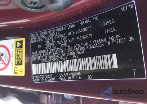 2019 Toyota Highlander Xle z USA, uszkodzony, nr VIN 5TDJZRFH5KS927491